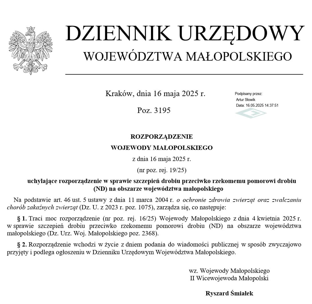 Rozporządzenie Wojewody Małopolskiego z dnia 16 maja 2025 