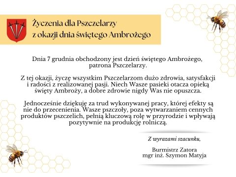 Życzenia dla Pszczelarzy z okazji dnia świętego Ambrożego