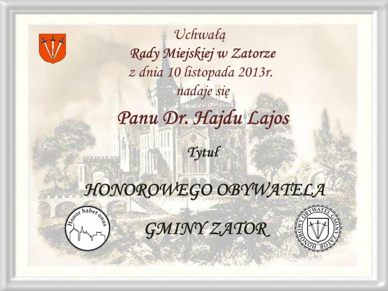 Dyplom wręczony dr Hajdu Lajos